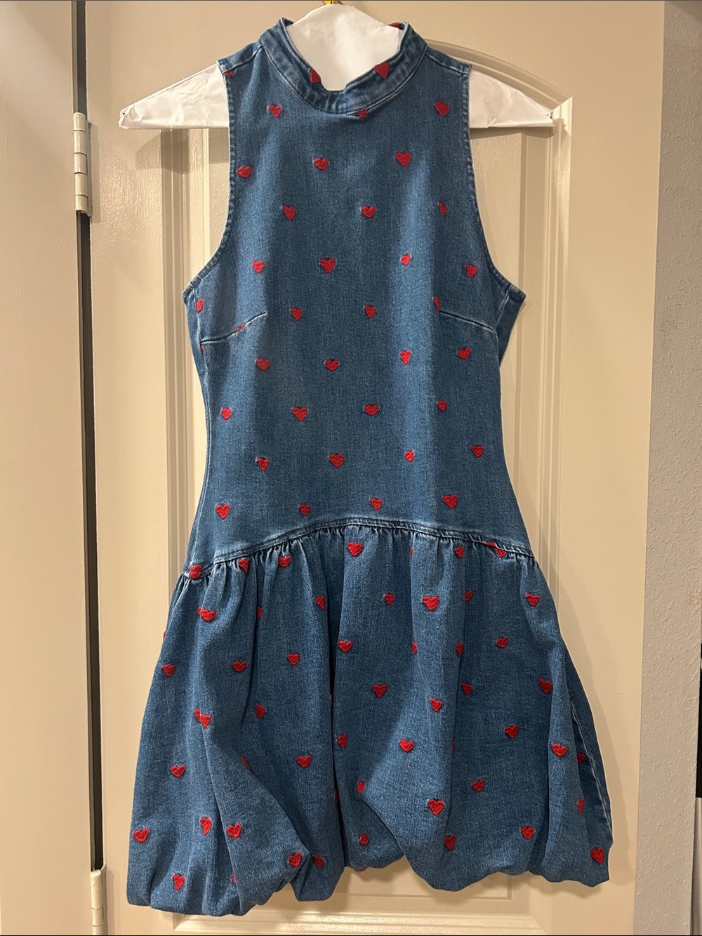 Girls' Sleeveless Blue Denim Dress with Red Heart Embroidery